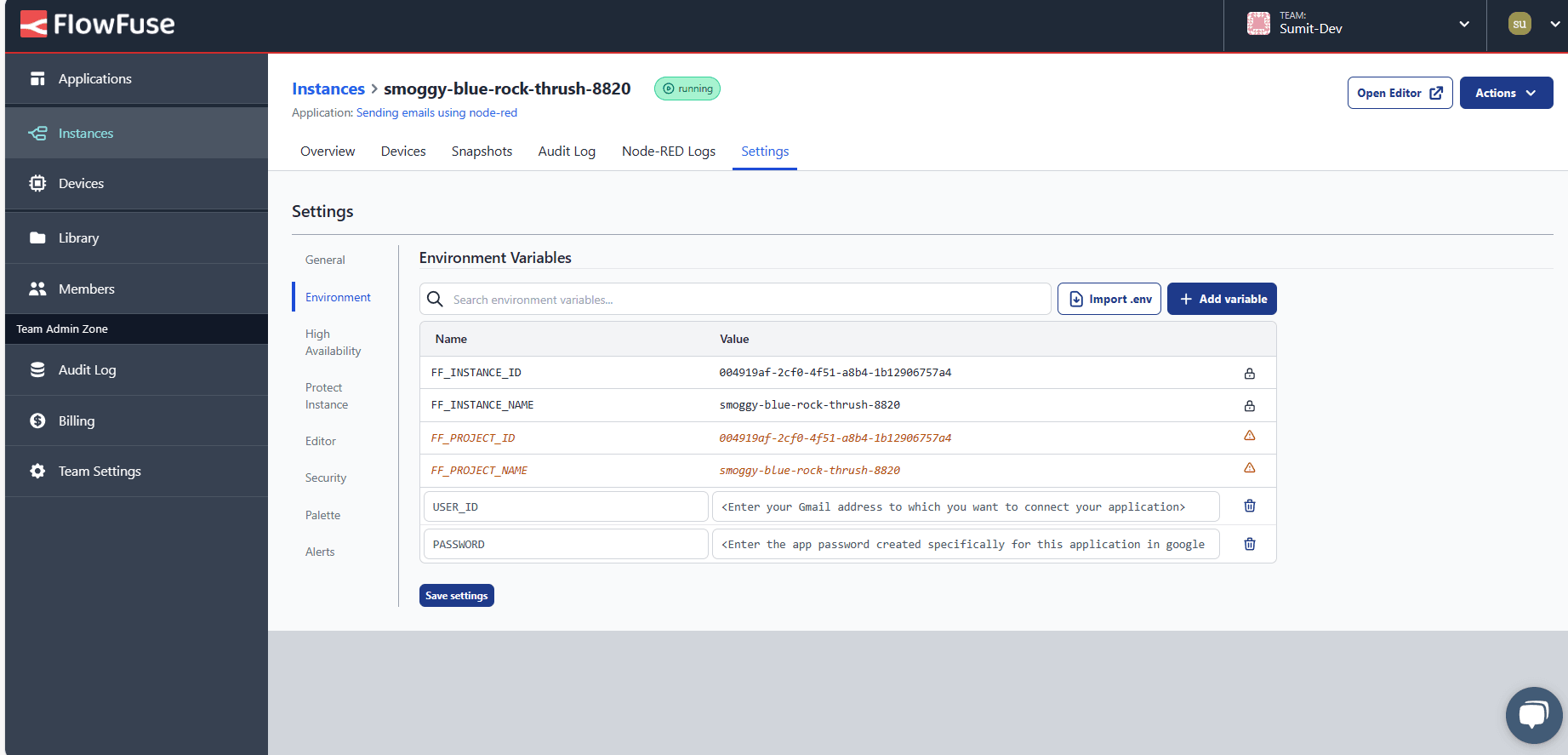 Screenshot of FlowFuse instance settings Environment tab "Screenshot of FlowFuse instance settings Environment tab"